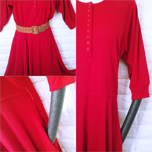 Vintage 80s Walden Classics Knit Shirtwaist Dress (12) Pockets Crew-Buttonup Red - Picture 5 of 11